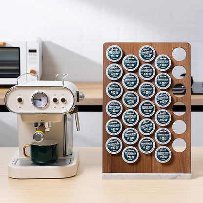 Coffee Pod Holder K Cup Organizer - Acacia Wood Storage Rack with Weighted White Marble Base - 30+ Pod Capacity Countertop Stand - Modern Kitchen Storage Organizer