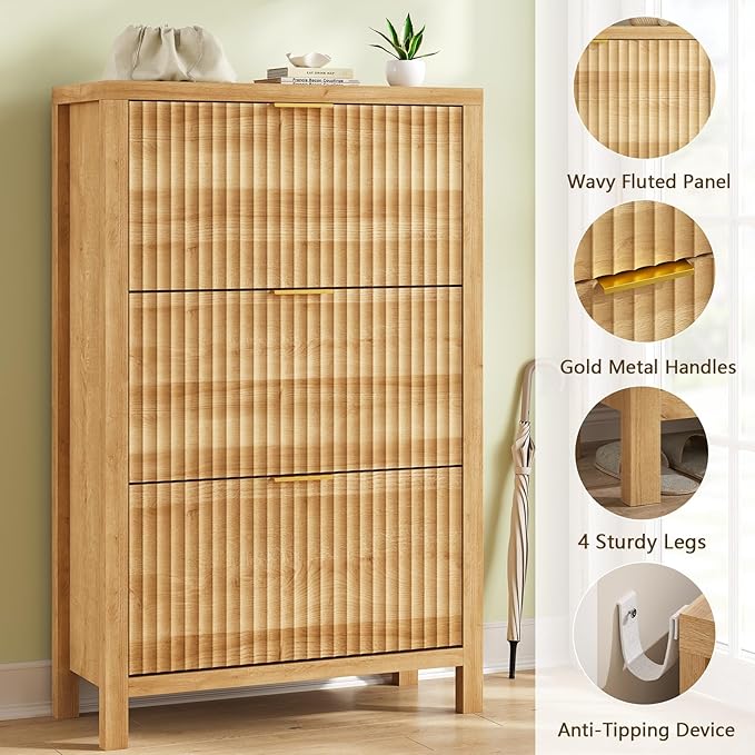 YOMILUVE Shoe Cabinet Storage for Entryway, Fluted Shoe Cabinet with 3 Flip Drawers, Hidden Shoe Rack Tall Freestanding Shoe Organizer with Legs for Hallway, Oak