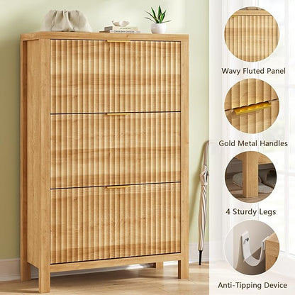 YOMILUVE Shoe Cabinet Storage for Entryway, Fluted Shoe Cabinet with 3 Flip Drawers, Hidden Shoe Rack Tall Freestanding Shoe Organizer with Legs for Hallway, Oak