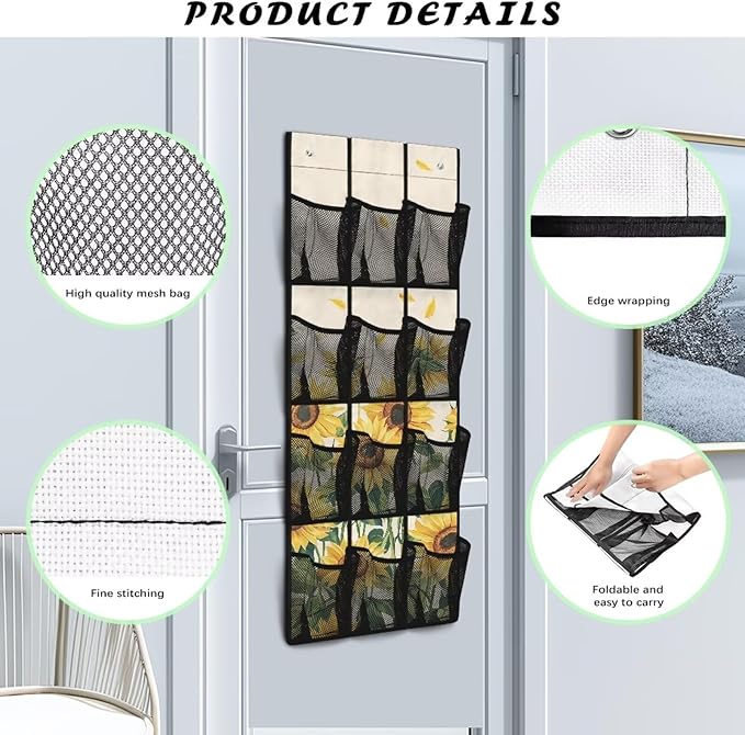 Sunflower Behind Door Shoes Hang Holder Rack,Storage for Small Spaces,Shoes Hanger Storage Organizer Bag for Bedroom Unique Print