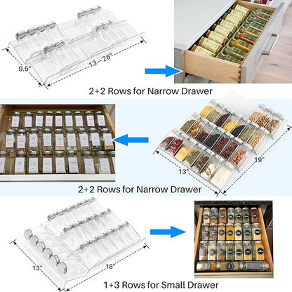 Antimbee Spice Drawer Organizer, 4 Tier- 8 Pack Kitchen Spice Rack Tray for Drawer, Expandable From 13" to 26" Acrylic Seasoning Organizer Rack Holds up 56 Spice Jars (Jars not Include)