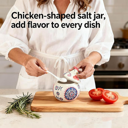 Ceramic Salt Cellar with Lid & Spoon - 13.5oz Chicken Decor Countertop Container,Salt Holder for Counter, Coffee, Sugar, Spices and Candies | Rustic Kitchen Accessory for Cooking & Dining Table Decor