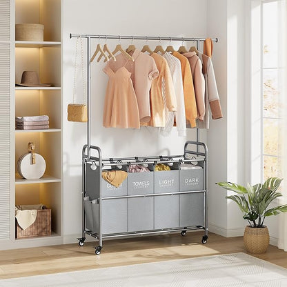 Tajsoon Laundry Sorter with Hanging Bar, 4 Section Rolling Laundry Hamper with Heavy Duty Lockable Wheels, Laundry Sorter Cart for Bathroom & Bedroom, Gray