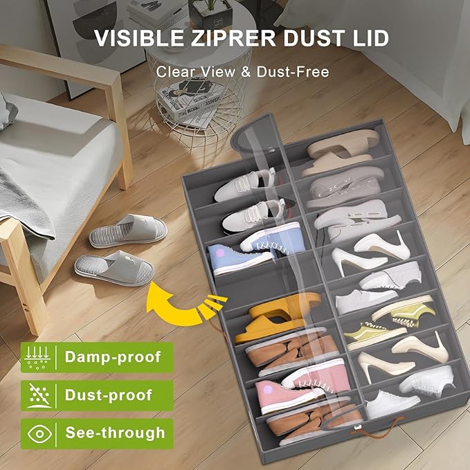 homyfort Shoe Organizer Under Bed, Fits 32 Pairs, Under bed Shoe Storage Boxes with Study Handles and Clear Cover, zapateras organizer for shoes, set of 2