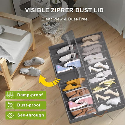 homyfort Shoe Organizer Under Bed, Fits 32 Pairs, Under bed Shoe Storage Boxes with Study Handles and Clear Cover, zapateras organizer for shoes, set of 2