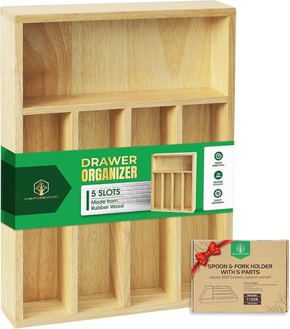Rubber Wood Silverware Organizer for Drawer - [15"L x 11"W x 2"H] Utensil Tray, 5 Compartment Flatware Holder, Multi-Purpose Kitchen Drawer Organizer for Utensils, Stationery & Hand Tools