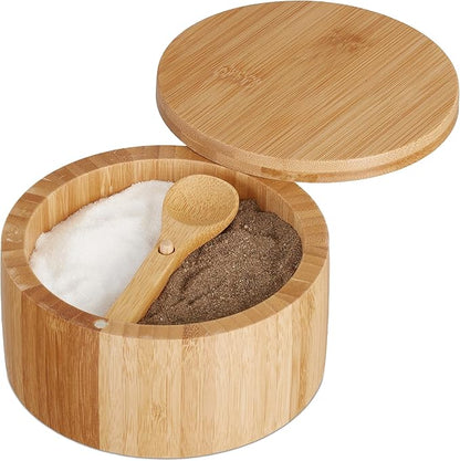 Relaxdays Salt Container with Lid & Spoon, 2 Compartments, Bamboo, Spice Container, H x D 6.5 x 12.5 cm, Magnetic Closure, Natural