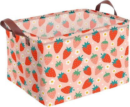 Strawberry Storage Basket Waterproof Canvas Toy Storage Bin Strawberry Shortcake Room Decor Collapsible Outdoor Basket with Leather Handles Blanket Baskets For Closets,Bedrooms,Gifts Baskets