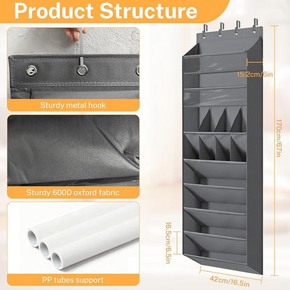 Over The Door Shoe Organizer - 8-Shelves Hanging Shoe Rack with Exlarge Deep Pockets | Behind Door Space Saving for Apartments, Dorms, RV Closets | Anti-Slip Oxford Fabric (14-Pocket, Gray)