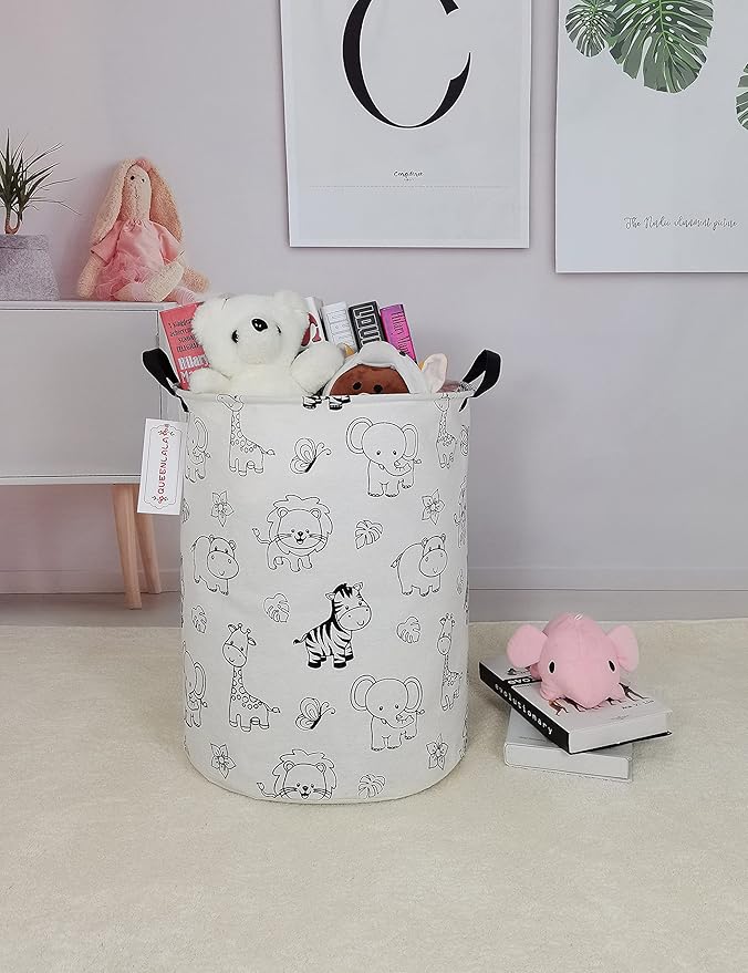 QUEENLALA Large Storage Basket,Laundry Hamper/Bathroom/Home Decor/Collapsible Round Storage Bin,Boys and Girls Hamper/Boxes/Clothing(Round-Zoo)