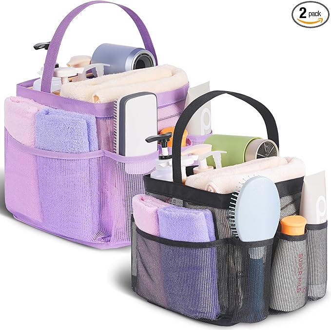 EUDELE 2 Pack Mesh Shower Caddy Portable for College Dorm Room Essentials, Shower Caddy Dorm with 8-Pocket Large Capacity,Shower Bag for Beach,Swimming,Gym All Black+All Purple