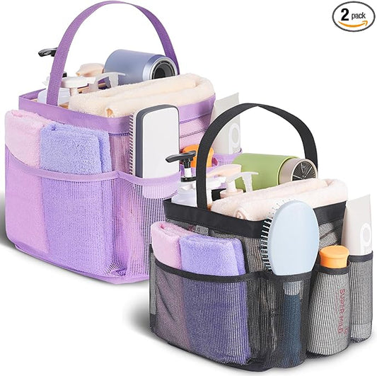 EUDELE 2 Pack Mesh Shower Caddy Portable for College Dorm Room Essentials, Shower Caddy Dorm with 8-Pocket Large Capacity,Shower Bag for Beach,Swimming,Gym All Black+All Purple