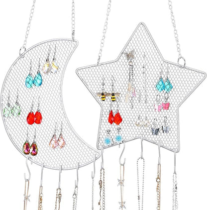 Jetec 2 Pcs Earring Wall Holder Wall Mounted Organizer Hanging Stand Decorative Diamond Grid Shape Jewelry Display Rack with Hanging Hooks for Earrings Necklace Bracelet(White)