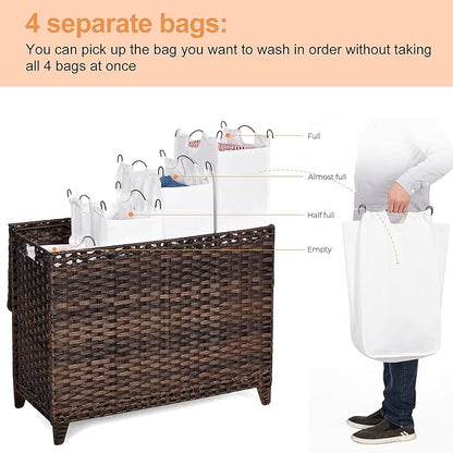 Laundry Hamper with 4 Removable Liner Bags; 176L Handwoven Rattan Laundry Basket with Lid & Heightened Feet; Clothes Hamper with Side Handles