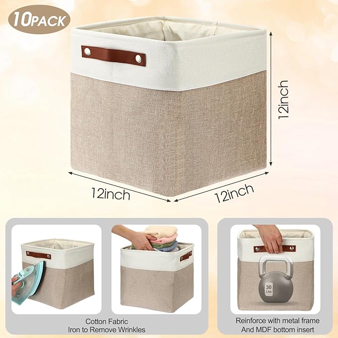 Uiifan 10 Pcs Collapsible Storage Bins Fabric Foldable Storage Basket with Handles Cloth Organizer Linen Shelf Baskets for Shelves Home Closet Nursery Toys(12 x 12 x 12 Inch,Beige and White)