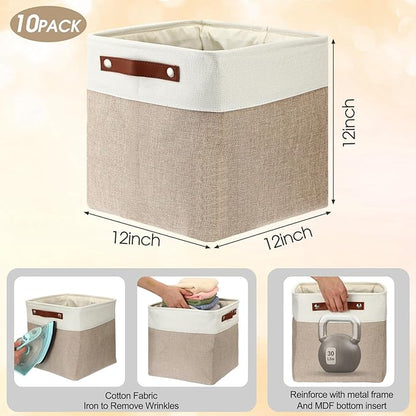 Uiifan 10 Pcs Collapsible Storage Bins Fabric Foldable Storage Basket with Handles Cloth Organizer Linen Shelf Baskets for Shelves Home Closet Nursery Toys(12 x 12 x 12 Inch,Beige and White)