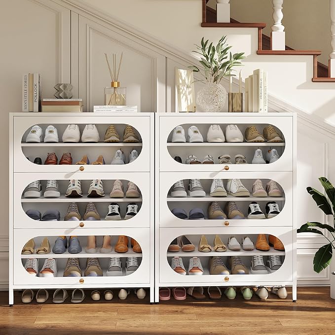 Foreate 6-Tier Entryway Shoe Storage Cabinet with 3 Flip-Up Glass Doors & Removable Shelf, 42” Metal Cabinet Shoe Rack Organizer for 18-24 Pair Shoes, Tall Freestanding Modern Shoe Cabinet-Glass Door