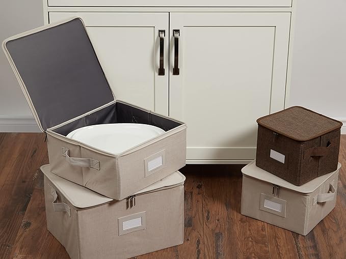 Platter Serveware Storage Box - Durable Polyester, Dual Zippers, Carrying Handles, ID Window, Kitchen Storage, Beige Heather