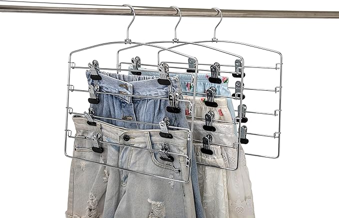 3 Quality Multi Pants Hangers, Space-Saving Multi-Bar Metal Pants Hangers, Stable with Non-Slip Foam Padding, Swivel Hook for 5 Jeans Each, Suit Pants, Scarves, Towels, Trousers (Skirt, 3)