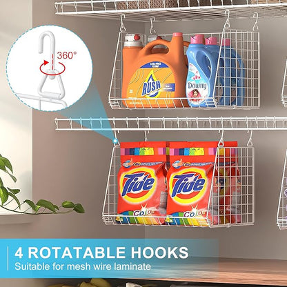 3-Pack Large Hanging Laundry Basket: Wire shelves for Laundry Room Organization with 360°Rotating Hooks Foldable Space Saving Over Washer and Dryer Shelves -Metal Laundry Basket Holder, White Patent