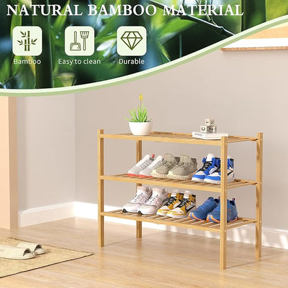 ROMGUAR CRAFT 3 Tier Bamboo Shoe Rack for Closet Free Standing Wood Shoe Shelf Storage Organizer for Entryway Small Space Stackable 27"x11"x20" (Natural)