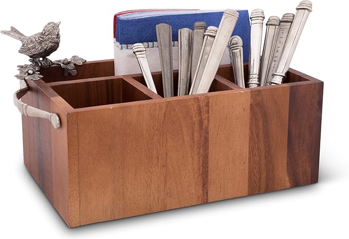 Vagabond House Caddy Rectangle Acacia Wood Flatware/Serve ware/Utensil/Carry-All Holder Solid Pewter Song Bird Accent and Real Leather Handles, 3 Small and 1 Larger Compartment 13.5 inch Long