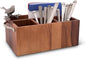 Vagabond House Caddy Rectangle Acacia Wood Flatware/Serve ware/Utensil/Carry-All Holder Solid Pewter Song Bird Accent and Real Leather Handles, 3 Small and 1 Larger Compartment 13.5 inch Long