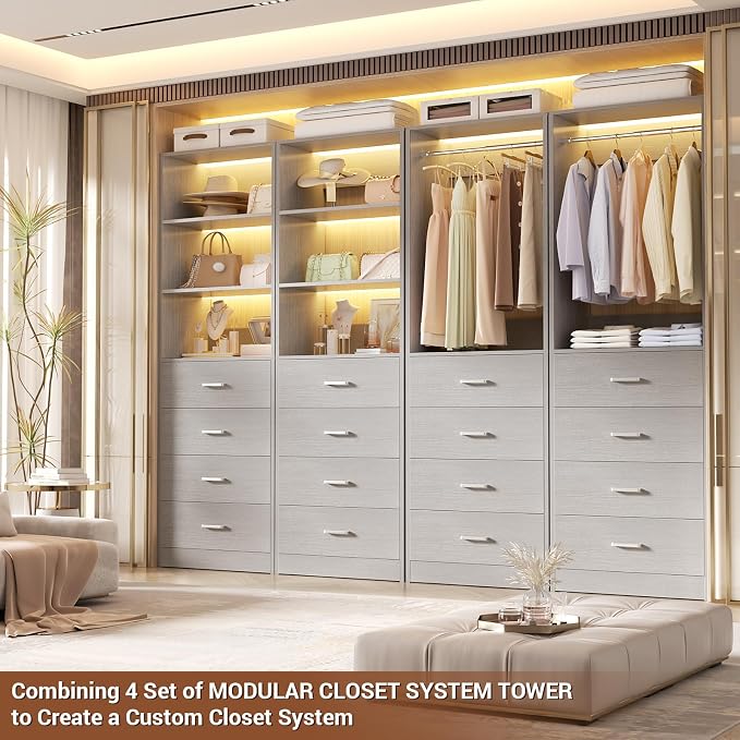 Aheaplus Closet Drawers System, 21.3" Wood Closet Organizer System with 4 Drawers, Modular Walk-in Closets System Storage Unit, Small Closets Wardrobe Rack, Tall Storage Cabinet Unit, Grey1
