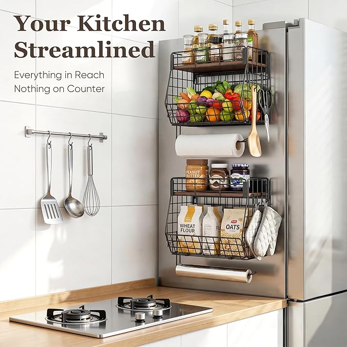 Magnetic Spice Rack for Refrigerator with Paper Towel Holder, Fruit Basket with 2 Hooks for Kitchen Storage and Organizer, Full‑Enclosed Magnetic Shelf 33 lbs for Laundry, Pantry, Coffee Bar and RV