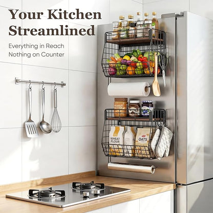 2 Pack Magnetic Spice Rack for Fridge with Paper Towel Holder, Fruit Basket with 4 Hooks for Kitchen Storage and Organizer, Full‑Enclosed Magnetic Shelf 33 lbs for Laundry, Pantry, Coffee Bar and RV