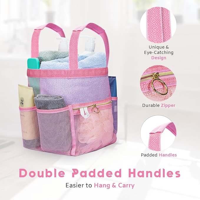 DV Lifestyle Mesh Shower Caddy Dorm, 7 Pockets & 1 with Zipper, Shower Tote with Padded Handles, Travel Portable, Shower Caddy College Room Essentials, Bathroom Shower Bag (Pink)