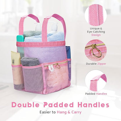 DV Lifestyle Mesh Shower Caddy Dorm, 7 Pockets & 1 with Zipper, Shower Tote with Padded Handles, Travel Portable, Shower Caddy College Room Essentials, Bathroom Shower Bag (Pink)