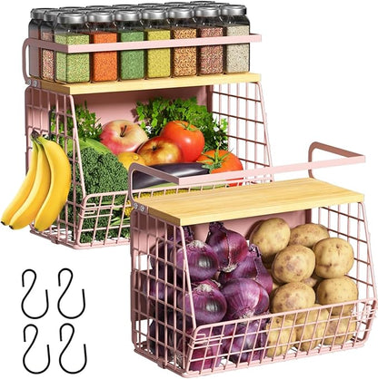 Magnetic Shelf for Fridge with Wood Lid, Fruit Potato and Onion Storage Bins, Pantry Organizers & Storage, Large Container Magnetic Spice Rack for Refrigerator, Kitchen Counter, Cabinet (Pink, 2)