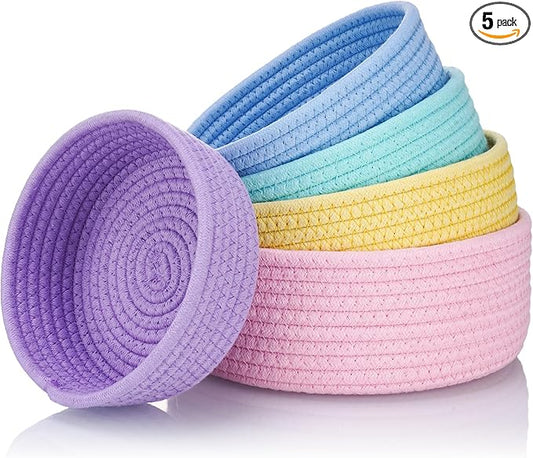 NiHome 5-Pack Round Cotton Rope Storage Baskets for Organizing, Cotton Rope Woven Bin Set in Assorted Sizes, Stackable Open Bins for Countertops, Shelves, Bedroom & Closet, Home Decor (Rainbow)