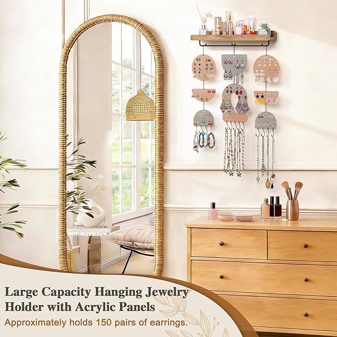 Keebofly Wall Mounted Jewelry Organizer, Boho Hanging Earring Holder with Wood Shelf & Necklace Hooks, Acrylic Pegboard Earring Display Rack for 100+ Pairs Studs, Hoops & Dangles, Decorative Storage
