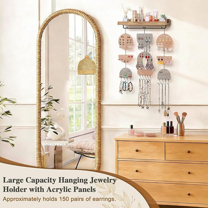 Keebofly Wall Mounted Jewelry Organizer, Boho Hanging Earring Holder with Wood Shelf & Necklace Hooks, Acrylic Pegboard Earring Display Rack for 100+ Pairs Studs, Hoops & Dangles, Decorative Storage
