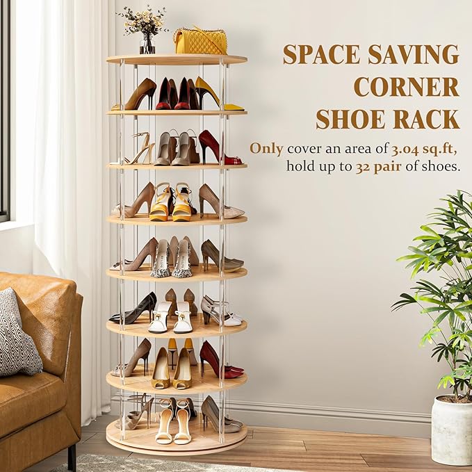 TAKEKIT 7-Tier Rotating Shoe Rack, 360 Degree Spinning Shoe Rack Tower, Lazy Susan Storage Tower Made of Acrylic and Wood, Round Rotating Organizer Shelf for Closet, Entryway and Bedroom