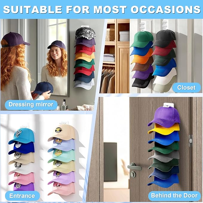 Eiito Hat Organizer for Baseball Caps, 2 Pack Strong Adhesive Hat Rack for Wall, Multilayer Hat Storage Display Holder, Wall Mounted Hat Hooks Hold up to 16 Hats for Closet Door and Bedroom (White)