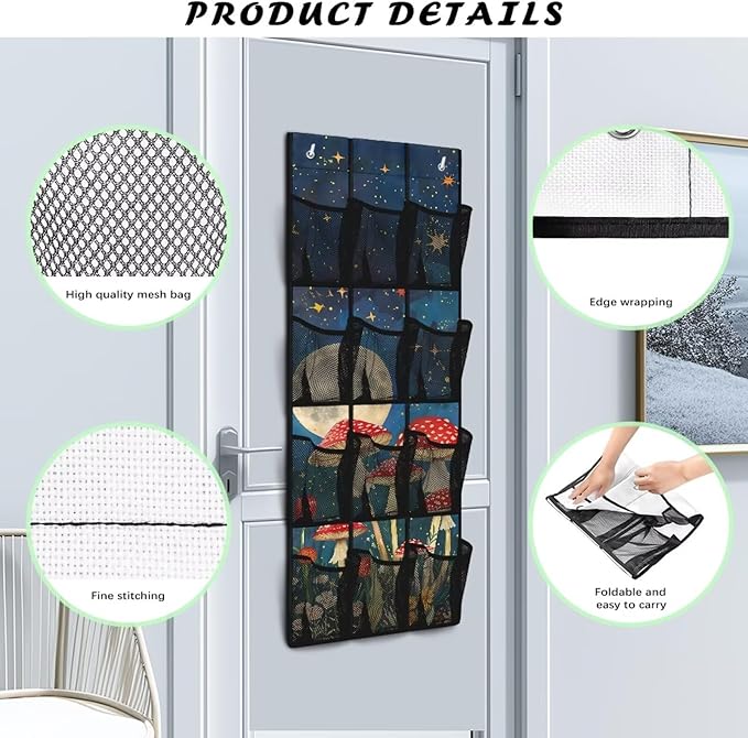 Moon Door Hanger Organizer 12 Pockets Over The Door Closet Organizer Space Saving Mushrooms Multi-Funtion Storage Bag for School