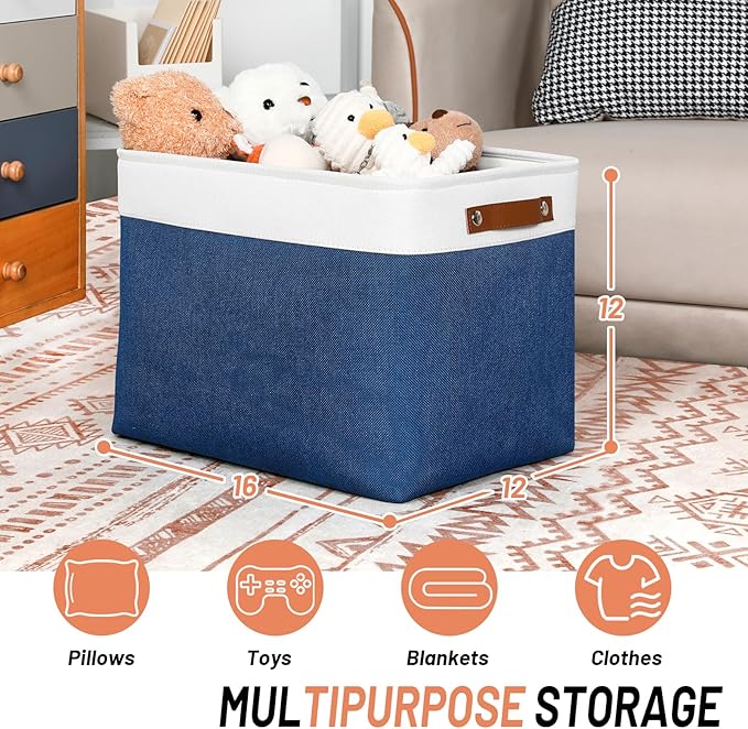 DULLEMELO Large Storage Baskets, Fabric Storage Bins for Organizing Foldable Linen Shelf Baskets for Clothes, Toys, Closet, Laundry (White&Blue,16"x12"x12"-1 Pack)