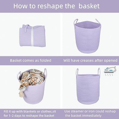 Woven Cotton Rope Laundry basket-15”X20” Laundry Hamper-Rope Storage Basket for Dirty Clothes, Toys and Blankets Perfect for Bathroom, Baby nursery and Living Room Storage (purple)