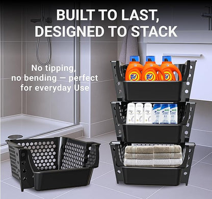 TidyFriend 4 Pack Stackable Storage Bins Open Front for Pantry Organizers and Storage, Plastic Storage Bins, Dorm Room Essentials, Pantry Storage for Snacks, Toiletries, and Small Essentials (Black)
