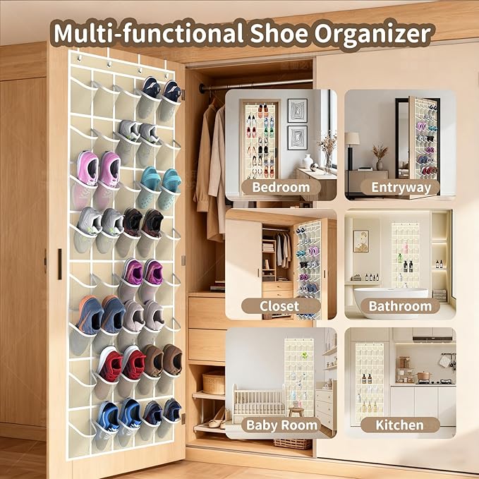 Over the Door Shoe Organizer with 40 Large Pockets, Multi-Purpose Storage for Shoe and Accessories, Durable Fabric with Adjustable Hooks for Home Closet Bedroom Entryway -Beige