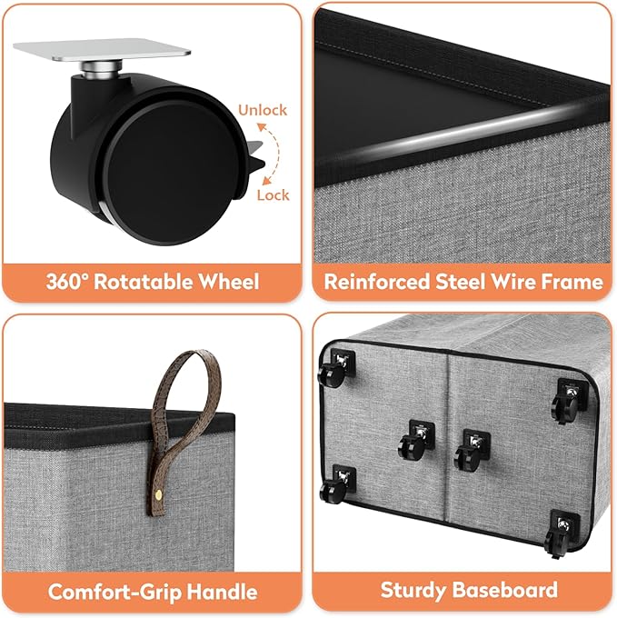 SpaceTrove Laundry Basket with Wheels, Collapsible Laundry Baskets, Laundry Hamper with Handles Detachable Wheels, Rolling Laundry Basket, Dirty Clothes Hamper for Bathroom, Dorm, Bedroom, Grey, 155L