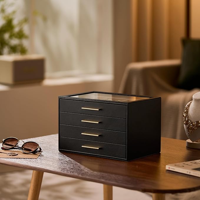 pickpiff Jewelry Box Organizer Case for Women: 4-Layer Jewelry Storage Case with Glass Window, Black Leather with Blush Velvet, Holder for Ring Necklace Bracelet Brooch Watch, Great Gift for Her