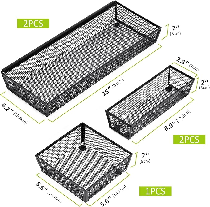 Neudeco Drawer Organizer - 5 Pack Metal Mesh Silverware Tray with Interlocking Design, 5 Compartment Cutlery Organizer for Kitchen Utensils, Black (15x6.2x2 inches)
