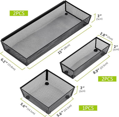 Neudeco Drawer Organizer - 5 Pack Metal Mesh Silverware Tray with Interlocking Design, 5 Compartment Cutlery Organizer for Kitchen Utensils, Black (15x6.2x2 inches)