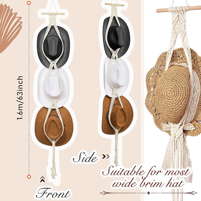 Yulejo Macrame Hat Hangers Racks Boho Cowboy Hats Holders Western Display Organizer Storage decor Back of Door for Wall (White,Three Hats Style)