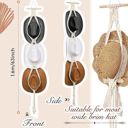 Yulejo Macrame Hat Hangers Racks Boho Cowboy Hats Holders Western Display Organizer Storage decor Back of Door for Wall (White,Three Hats Style)