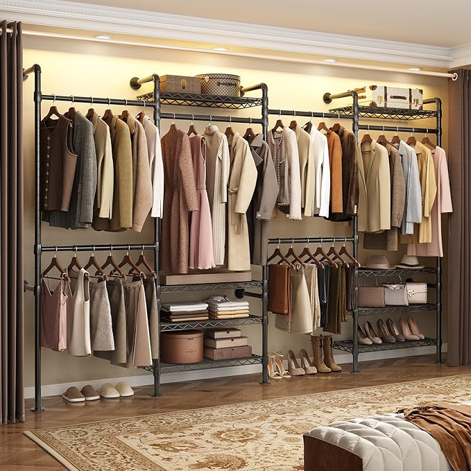 ComfyCorner Wall Mounted Garment Rack, Industrial Pipe Metal Clothing Rack with 6 Hanging Rods (4 Expandable) & 8 Shelves, Closet Organizers and Storage System for Bedroom, Walk in Closet